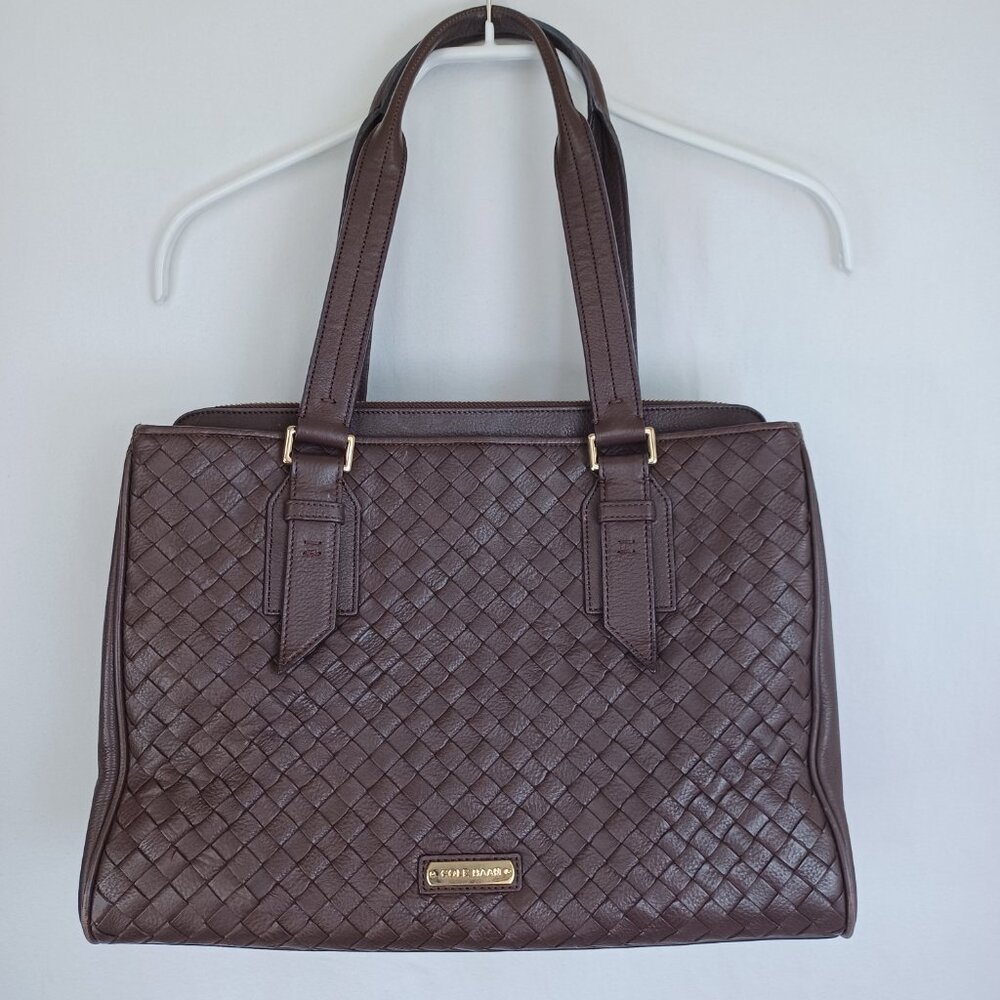 Cole Haan Handbag Dark Chocolate Woven Leather Basket Weave Shoulder Tote - Picture 8 of 16